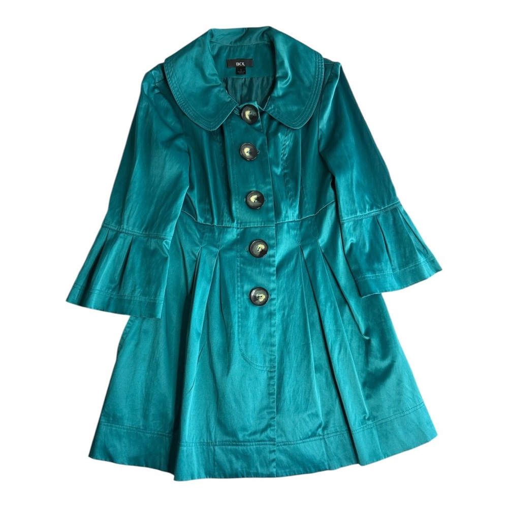 BCX Teal Satin Ruffled Collar Trench Corp core pockets replacement button
